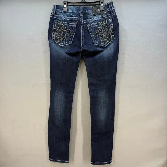 Miss Me Jeans Women's 28x31 (6) Dark Blue Skinny Fleur de Lis Blingy Western - Picture 1 of 14